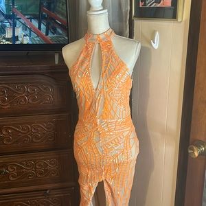 Peach sequined, keyhole beck, open back evening dress